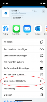 Wählen Sie anschließend aus, dass die Webseite zum Home Bildschirm hinzugefügt wird - somit haben Sie immer einen schnellen und direkt Zugang zu Ihrem Postfach.
