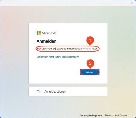 Um sich korrekt an dem Microsoftserver zu authentifizieren, muss der jeweilige persönliche/eigene M365 Account, in der Schreibweise benutzername@buerokommunikation.fernuni-hagen.de, eingetragen werden (1). Ein Klick auf "Weiter" (2) um zum nächsten Schritt zu gelangen. Bitte an dieser Stelle nicht die Daten des Funktionspostfaches benutzen.