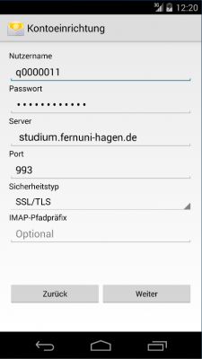 Nun müssen Sie Ihren Benutzernamen (q-Nummer) und das dazugehörige Passwort eingeben. Danach muss noch der Server sowie der Port eingetragen werden. Als letztes muss der Sicherheitstyp definiert werden.