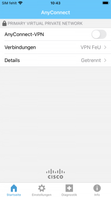 Mit dem Schieberegler (rechts neben AnyConnect-VPN) kann die VPN Verbindung zur Fernuni aufgebaut werden.