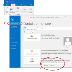 Klicken Sie bitte in der Hauptansicht auf Datei (1), danach sollten Sie sich links im Fenster "Informationen" befinden (2). Im rechten unteren Bereich neben Tools zum Aufräumen sollte ein Balken zur aktuellen Belegung des Postfaches sein.