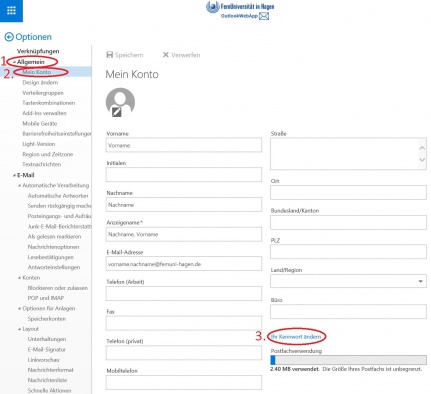 Bitte klicken Sie mit einem einfachem Linksklick auf (1) Allgemein (2) Mein Konto und weiter rechts unten auf den Link (3) "Ihr Kennwort ändern". Hinweis: Falls notwendig wird das Bild größer dargestellt, wenn Sie es Links anklicken.