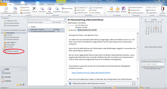 Unter dem Posteingang befindet sich der neu erstellte Ordner mit dem Namen "Größer als 100 KB".