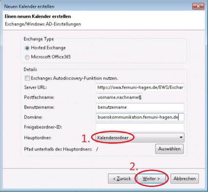 Nun sollte sich das Fenster verändert haben. Bei Hauptordner können Sie den Ordner wählen (1), welcher als Kalender genutzt werden soll. Standart ist "Kalenderordner". Klicken Sie auf den Button "Weiter" (2)