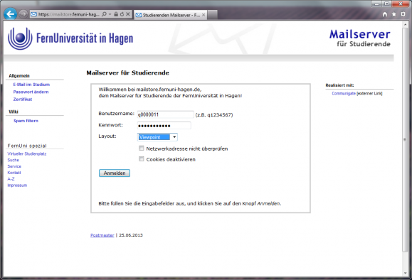 Zunächst öffnen Sie die Seite https://mailstore.fernuni-hagen.de/. Hier melden Sie sich mit Ihrer Benutzerkennung und dem Passwort an.