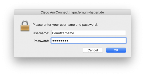 Im letzten Schritt muss der Domänen-Benutzername/q+Matrikelnummer sowie das dazugehörige Passwort eingetragen werden. Anschließend wird noch ein Token abgefragt. Geben Sie als Antwort die angezeigte Zahlenkombination auf dem Token ein. Sie finden die Informationen zur Token-Einrichtung auf der folgenden Webseite https://wiki.fernuni-hagen.de/helpdesk/index.php?title=Zwei-Faktor-_Authentisierung_(2FA_/_Token)_f%C3%BCr_das_VPN-System_der_Studierenden​