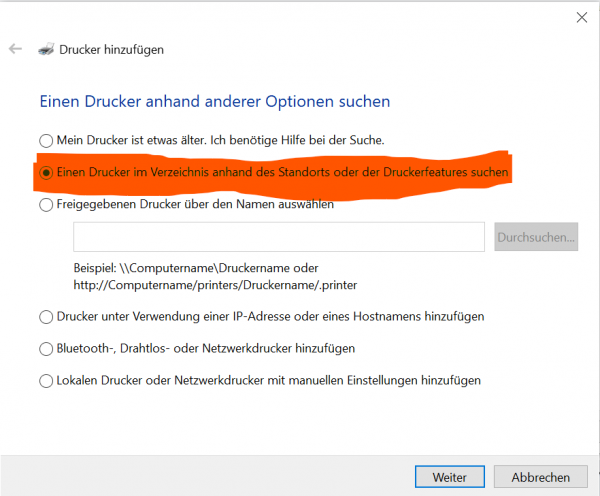 Den zweiten Punkt auswählen und auf "Weiter" drücken