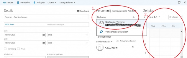 Schritt 4: Im Bereich Personen können Sie weitere Teilnehmer einladen, in diesem Beispiel "Nachname" (1), die Personen werden durch einen Klick dem Termin hinzugefügt. Im Bereich Zeitplan können Sie im rechten Bereich die Frei- bzw. Gebucht-Zeiten der Teilnehmer und des Raumes sehen und gegebenenfalls anpassen (2).