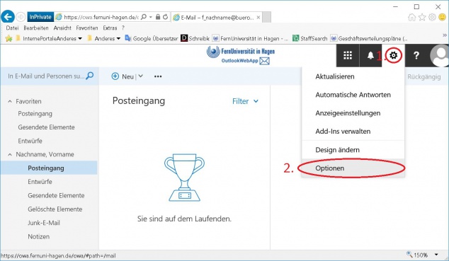 (1) Klicken Sie im oberen rechten Bereich auf das Zahnrad (2) Im sich öffnenden Kontextmenü klicken Sie auf Optionen