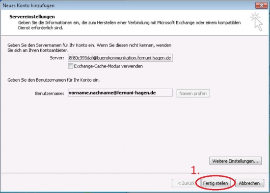 klicken Sie auf Weitere Einstellungen Hinweis: Lassen Sie das Häckchen bei "Exchange-Cache-Modus" weg, wenn Sie nicht zwingend darauf angewiesen Sind (bspw. beim offline Arbeiten) da dadurch Probleme mit der Synchronisierung entstehen können. Außerdem kann durch das nicht Verwenden Festplattenplatz gespart werden. Dies ist auch zu empfehlen wenn Sie ein großes Postfach besitzen, da der Download Ihrer Daten sehr lange dauern kann.