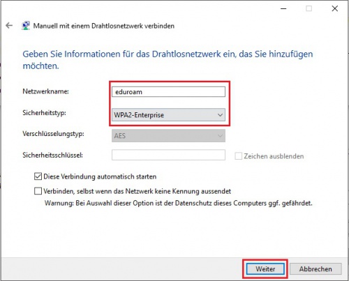 5. Im nächsten Fenster treffen Sie die folgenden Einstellungen: - Netzwerkname: eduroam - Sicherheitstyp: WPA2-Enterprise Mit Weiter gelangen Sie zu den nächsten Einstellungen.