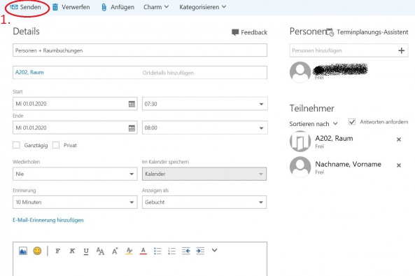 Schritt 5: Nachdem Sie alle Angaben im Termin geprüft haben, klicken Sie auf den Button "Senden" (1).