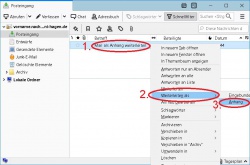 Markieren Sie die e-Mail (1) die weitergeleitet werden soll. Im Kontextmenü (rechtsklick) fahren Sie über den Menüpunkt Kontextmenü-Eintrag "Weiterleiten als" (2) und wählen aus dem nächstem Untermenü "Anhang" (3). Es sollte sich eine neue e-Mail öffnen, welche den Anhang enthalten sollte.