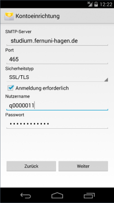 Wie im Schritt zuvor müssen auch hier Ihr Benutzername sowie das Passwort eingetragen werden. Zusätzlich müssen die Serverinformationen für den SMTP Server eingetragen werden und zum Schluss auch wieder der Sicherheitstyp.