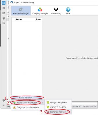 Es öffnet sich ein neues Fenster Namens "TbSync Kontoverwaltung". (1) Klicken Sie auf den Button "Konto Aktionen" (2) Danach auf die Option "Neues Konto hinzufügen..." und (3) auf die Option "Exchange ActiveSync"