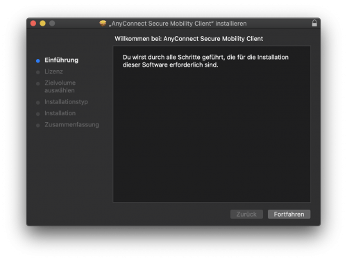 Es öffnet sich ein neues Installationsfenster - Wählen Sie "Fortfahren" aus.