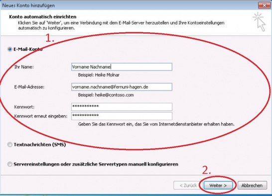 Geben Sie Ihre Daten wie im Bild zu sehen ein -> Weiter anklicken