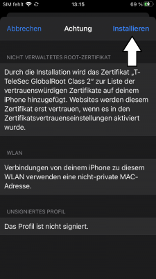 Sie werden über die Installation eines Zertifikates informiert sowie den gesetzten Optionen für das eduroam Profil. Klicken Sie oben rechts auf "Installieren".