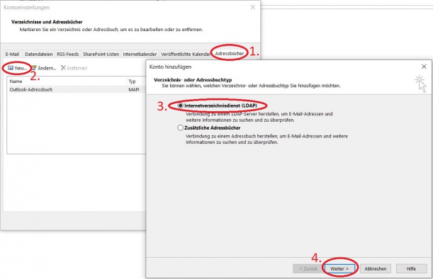 Wählen Sie im Fenster "Kontoeinstellungen" den Reiter "Addressbücher" Fügen Sie ein neues Adresbuch durch linksklick auf "Neu" (2) hinzu Wählen Sie im Fenster "Konto hinzufügen" den ersten Radio Button "Internetverzeichnissdienst (LDAP)" (3) Bestätigen Sie durch einen Linksklick auf "Weiter >" (4)