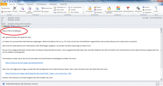 Nun können Sie beispielsweise den neuen Pfad im Netzlaufwerk angeben. Beim Schließen der E-Mail sollten Sie diese speichern.