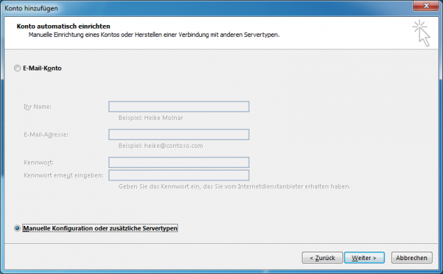 Für unseren Mailserver muss eine manuelle Konfiguration vorgenommen werden, da die Autokonfiguration zzt. nicht unterstützt wird, bzw. nur eine unverschlüsselte Verbindung akzeptiert.