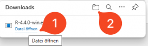 Download-Dialog; Markierung 1 zeigt auf Datei öffnen, Markierung 2 auf Download-Ordner öffnen