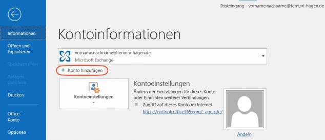 Zu dieser Übersicht gelangen Sie, wenn unter Sie Datei im oberen Reiter auswählen. Daraufhin öffnen sich die Kontoinformationen. Nun muss "Konto hinzufügen" angewählt werden.