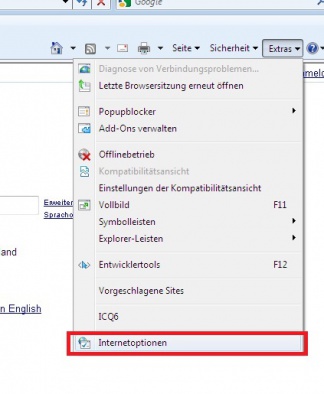Zuerst gehen sie auf Extras, dann auf Internetoptionen