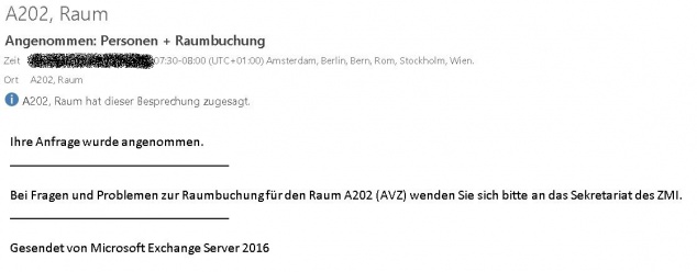 Schritt 6: Sie erhalten, wenn der Raum frei ist und für Sie gebucht wurde, eine Bestätigungs-E-Mail.
