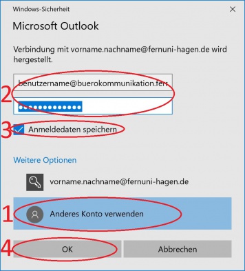 (1) Wählen Sie die Schaltfläche "Anderes Konto verwenden" (2) Geben Sie die Zugangsdaten wiefolgt ein: Benutzername: benutzername@buerokommunikation.fernuni-hagen.de Passwort: Das Ihnen bekannte Domänenkennwort (3) Optional: Falls Sie das Passwort nicht erneut angeben wollen, können Sie den Hacken bei der Checkbox "Anmeldedaten Speichern" benutzen (4) Bestätigen Sie durch den Klick auf "OK"