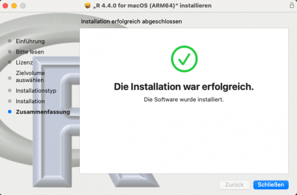 Installation war erfolgreich - Schließen beendet die Installationssoftware