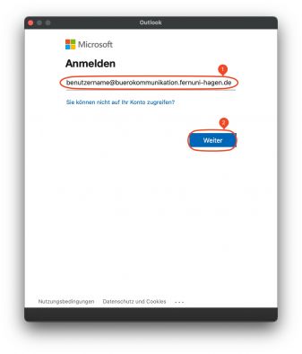 Um sich korrekt an dem Microsoftserver zu authentifizieren, muss der jeweilige M365 Account, in der Schreibweise benutzername@buerokommunikation.fernuni-hagen.de, eingetragen werden (1). Ein Klick auf "Weiter" (2) um zum nächsten Schritt zu gelangen.