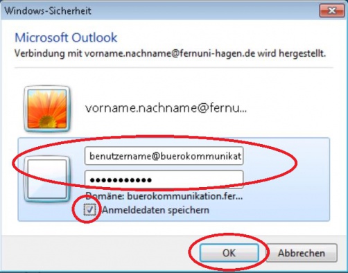 geben Sie anschließend Ihren Account und Passwort wie im Bild zu sehen ein. Optional können Sie das Häkchen bei Anmeldedaten speichern setzen