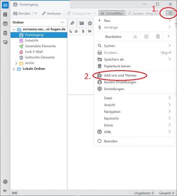 Klicken Sie in der Hauptansicht rechts oben auf den (1) Button mit den 3 horizontalen Linien um in das Hauptmenü zu kommen. Aus dem Menü wählen Sie die Optionen (2) "Add-ons und Themes".