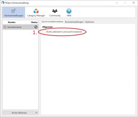 Wählen Sie die Checkbox (1) mit der Beschriftung: "Konto aktionen und synchronisieren" an