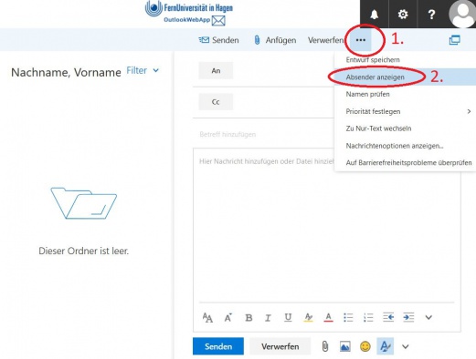 (1) Klicken Sie in der neuen E-Mail im oberen rechten Bereich auf den Button mit den 3 Punkten und (2) im Menü auf "Absender anzeigen"