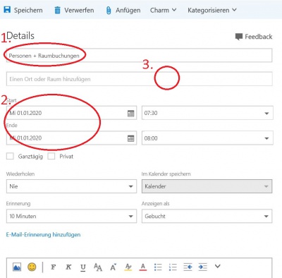 Schritt 1: Tragen Sie im ersten Feld einen Grund für den Termin ein (1). Wählen Sie bei Beginn und Ende einen gewünschtes Datum für den Termin (2). Klicken Sie auf das Feld mit der Schrift "Einen Ort hinzufügen" (3).