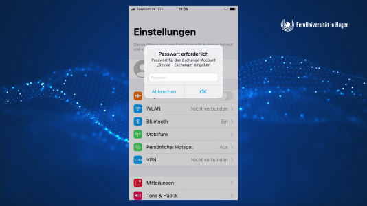 Nun müssen Sie die Einstellungen aufrufen, um Ihr Exchange Passwort (Domänenpasswort) eintragen zu können. Sie erhalten danach Zugriff auf Ihre Mails, Kalender, Kontakte, etc.